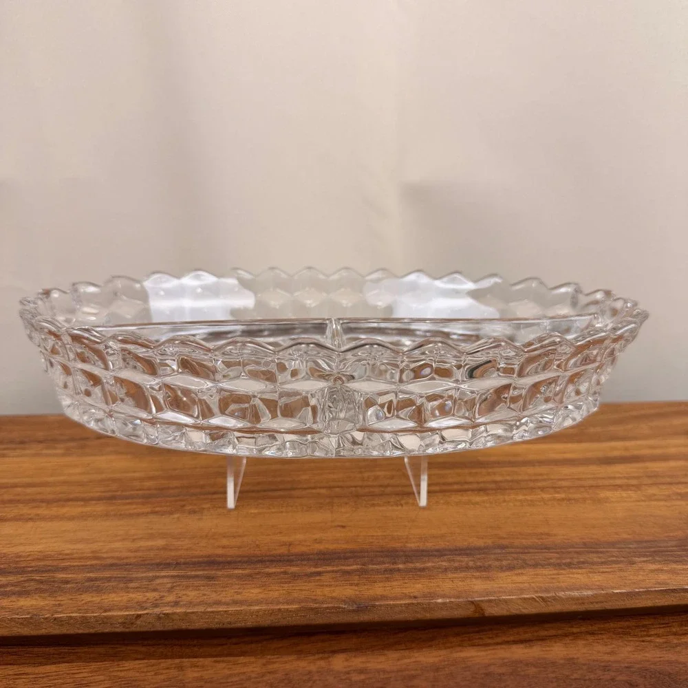 Fostoria America Clear Glass 3 Part Divided Relish Dish Oval Cube Pattern 10.5in